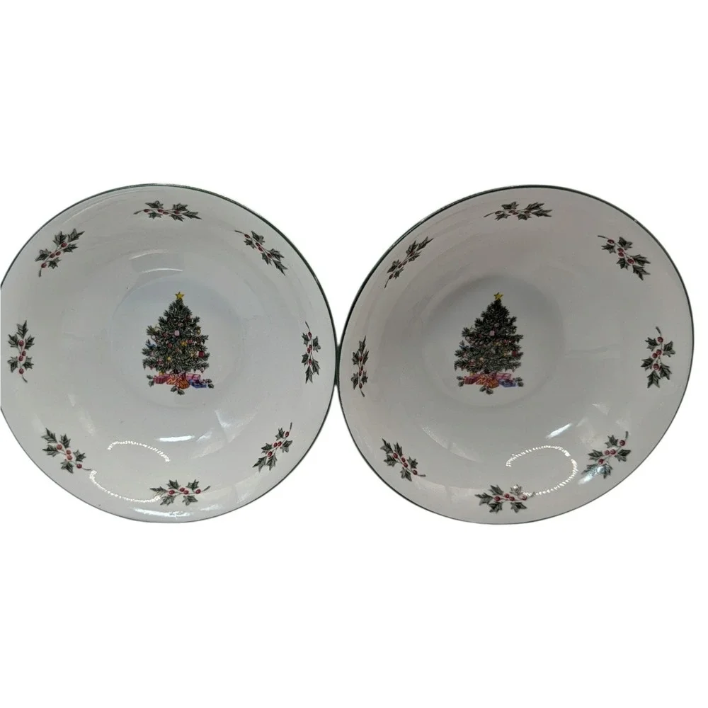 Gibson Noel Morning Soup Bowls Christmas Tree Holiday Vintag Set of Two SEE